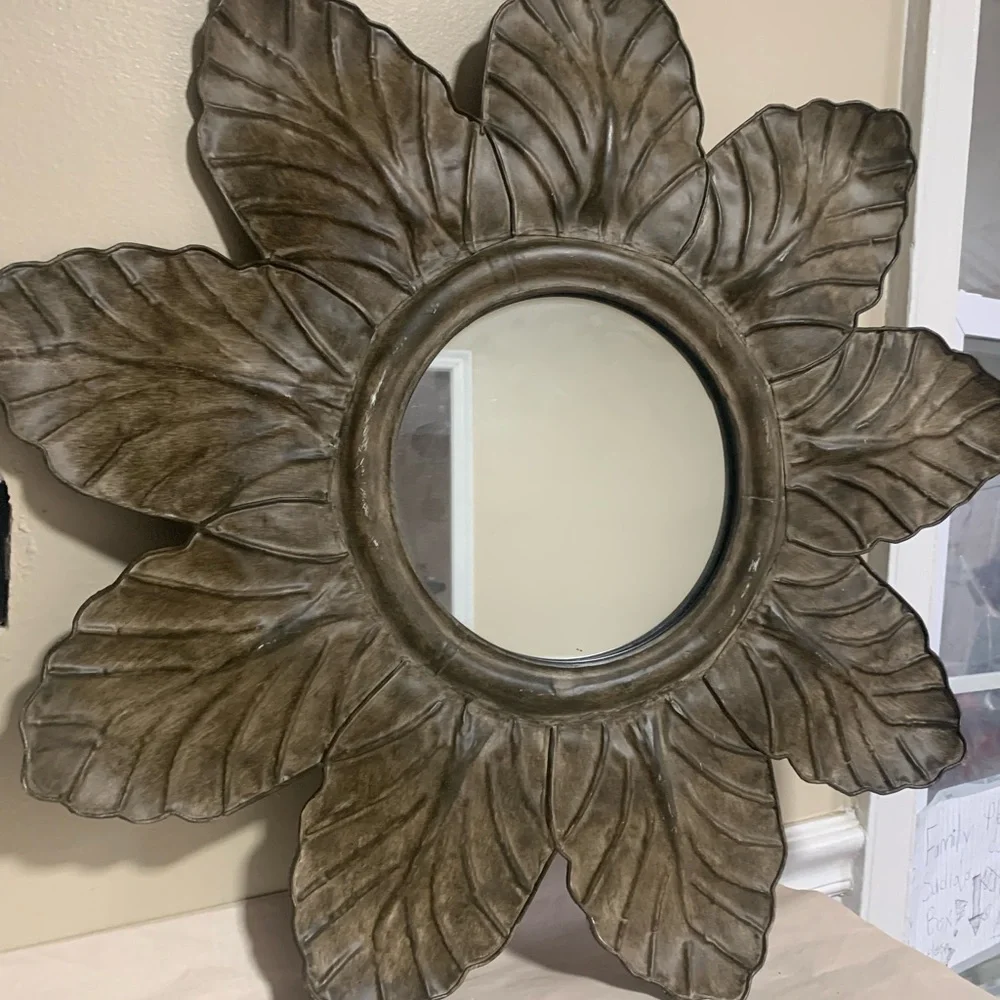25” Metal Leaf Sunburst Wall Mirror Rustic Bronze Floral Frame Decor Sunflower